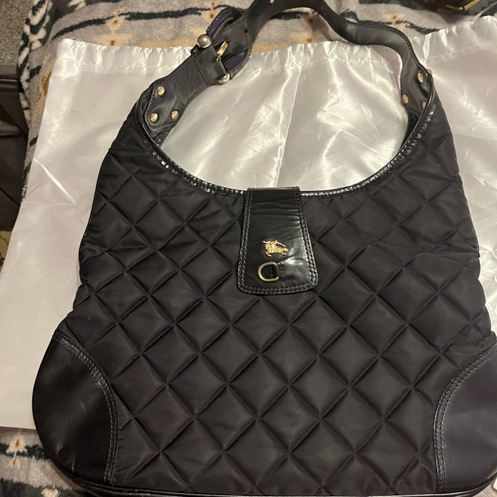 Burberry EUC Vintage Quilted Nylon & Black Leather Bag